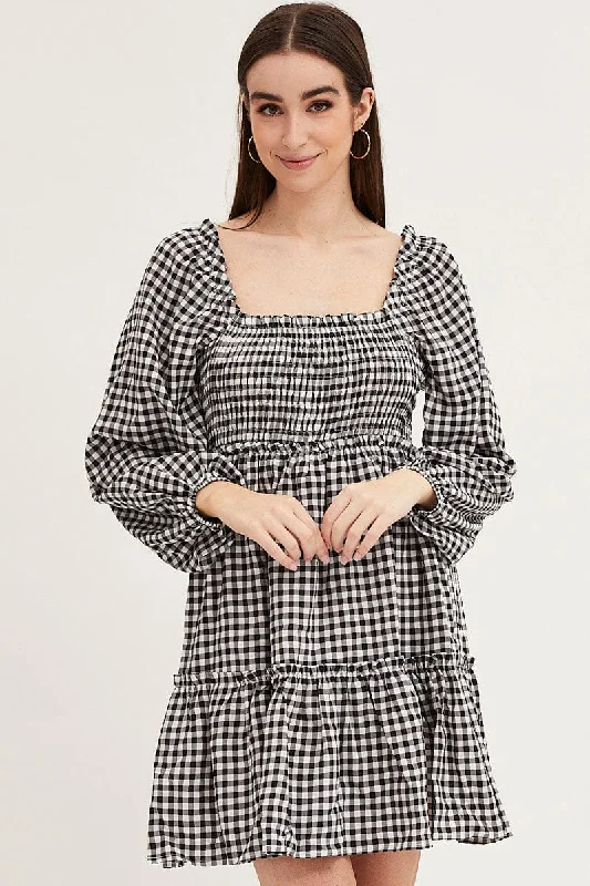 Backless Women Dress for a Sexy and Alluring Look at Evening EventsCheck Shirred Skater Dress Backless Women Dress for a Sexy and Alluring Look at Evening EventsCheck Shirred Skater Dress