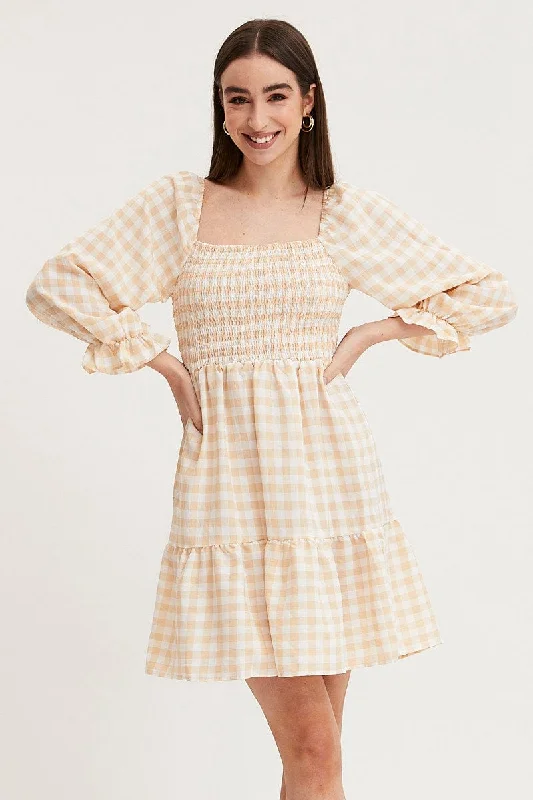 Mini Women Dress with a Short Hem for a Young and Trendy StyleCheck Skater Dress Puff Sleeve Mini Mini Women Dress with a Short Hem for a Young and Trendy StyleCheck Skater Dress Puff Sleeve Mini