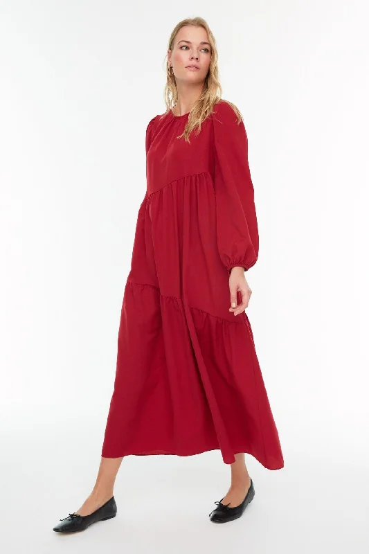 Ruffled Women Dress with Multiple Layers for a Playful and Girly StyleClaret Red Maxi Woven Dress