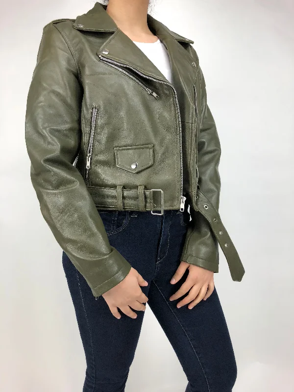 Women's quilted puffer jackets in a cropped silhouette for a modern twistWomen's Classic Biker Olive Green [Slim Fit]