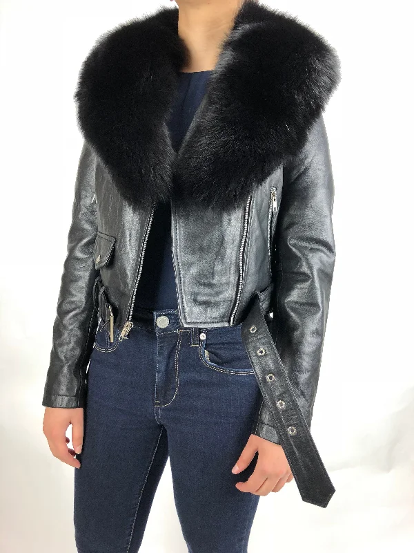 Women's long - line cardigan jackets in a soft knit for a cozy and elegant lookWomen's Classic Biker Black With Fox Collar [Slim Fit]