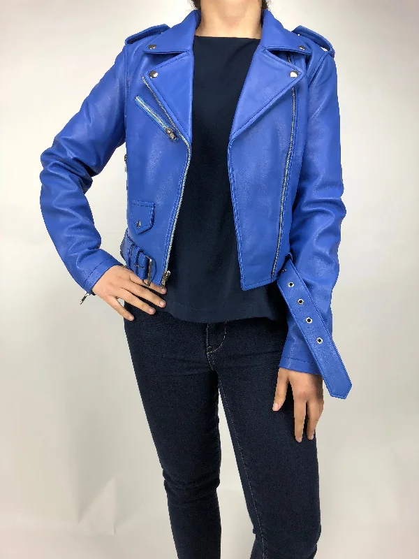 Women's waterproof rain jackets in bright yellow for high - visibility outdoor activitiesWomen's Classic Biker Royal Blue [ SLIM FIT]