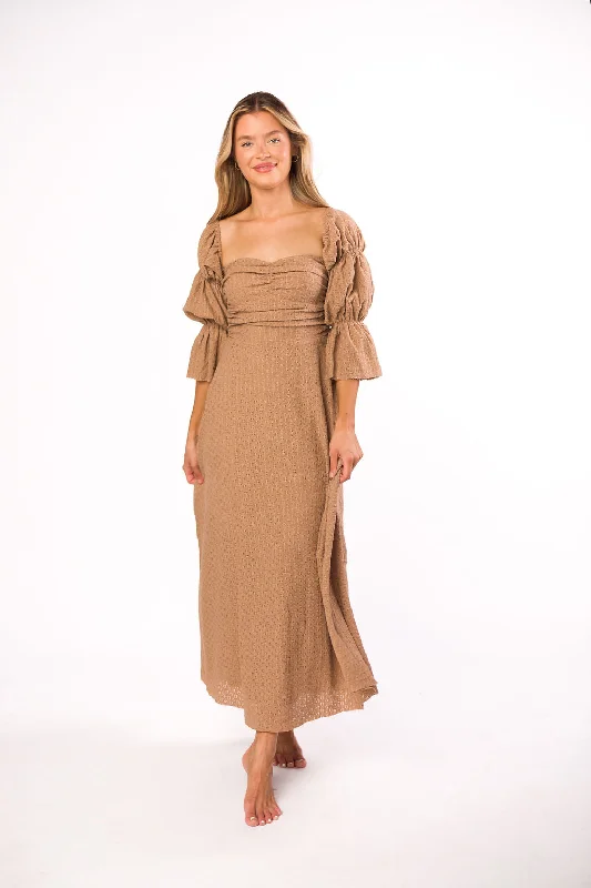 Strapless Women Dress with a Built - in Bra for Comfort and SupportCorrine Tiered Sleeve Maxi Dress with Pockets in Caramel Taupe - Bump Friendly