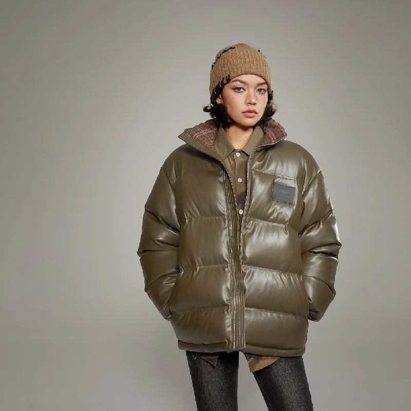 Women's double - breasted tweed jackets in classic colors for a sophisticated office lookLeather Loose Fit Short Padded Jacket