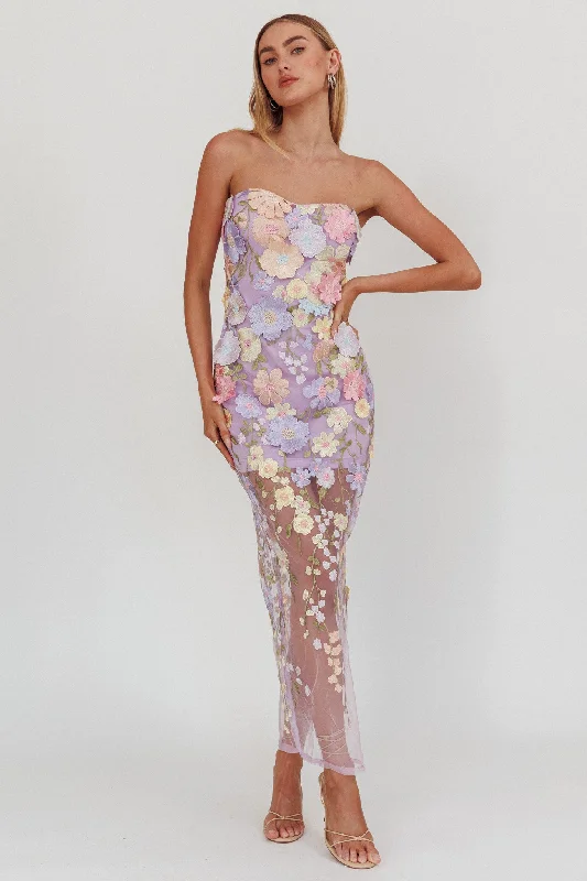 Strapless Women Dress with a Built - in Bra for Comfort and SupportEuphoria Dream Embellished Mesh Maxi Dress Lilac