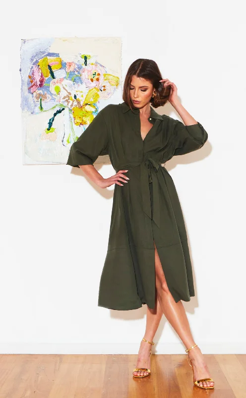 Plus Size Women Dress with a Flattering A - Line Cut for Comfort and StyleFate Alter Ego Duster Shirt Dress Olive