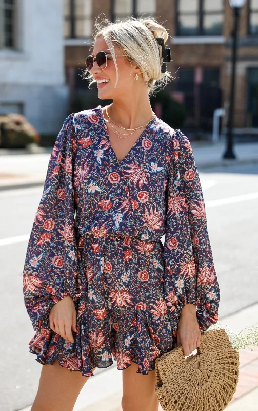 Pleated Women Dress with a Timeless and Elegant TextureFINAL SALE - Feel The Romance Navy Satin Floral Romper