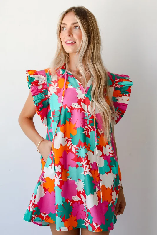 Sheath Women Dress with a Tailored Fit for a Professional LookFINAL SALE - Flattering Disposition Pink Floral Ruffle Mini Dress