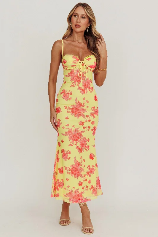 Plus Size Women Dress with a Flattering A - Line Cut for Comfort and StyleFortune Mesh Floral Midi Dress Pink/Yellow
