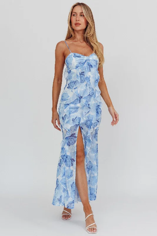 Long - Sleeve Women Dress in Velvet for a Luxurious Winter LookFrannie Vertical Ruffle Maxi Dress Floral Blue