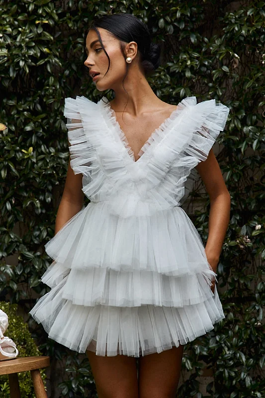 Printed Abstract Women Dress for a Modern and Artistic AppealFroufrou Layered Tulle Mini Dress White