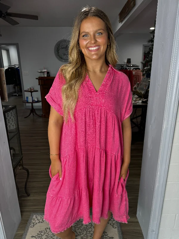 Little Black Women Dress with Sequins for a Glamorous Night OutFuchsia mineral wash tiered dress