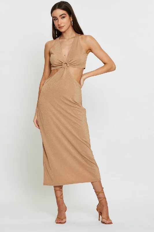 Halter Neck Women Dress to Show Off the Shoulders and NecklineGold Midi Dress Sleeveless Halter Neck Women Dress to Show Off the Shoulders and NecklineGold Midi Dress Sleeveless