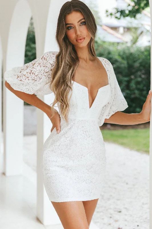 Off - the - Shoulder Women Dress for a Romantic and Feminine LookGood Vibes Puff Sleeve Deep V-Neckline Lace Mini Dress White