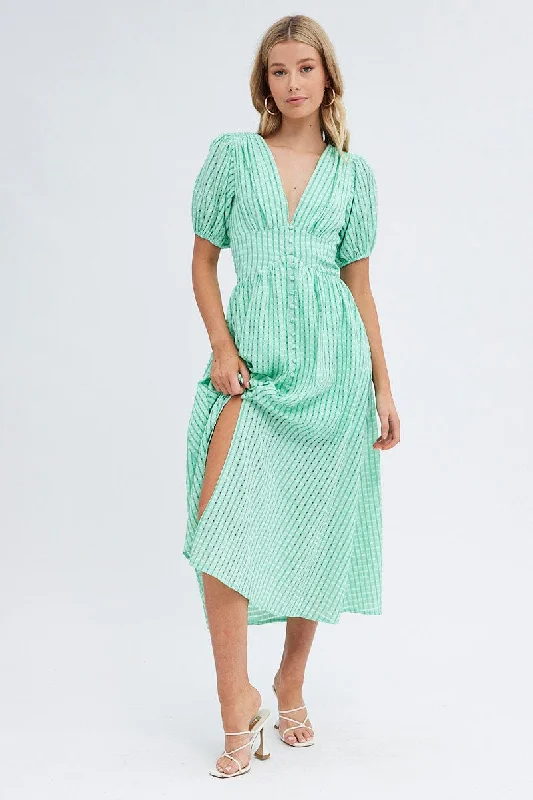 Sheath Women Dress with a Tailored Fit for a Professional LookGreen Check Check Puff Sleeve Midi Dress Sheath Women Dress with a Tailored Fit for a Professional LookGreen Check Check Puff Sleeve Midi Dress