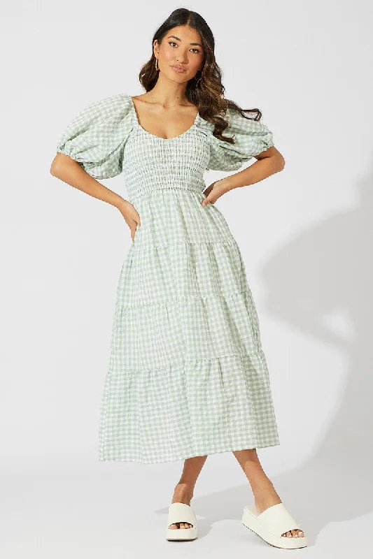 Pleated Women Dress with a Timeless and Elegant TextureGreen Check Midi Dress Short Sleeve Shirred