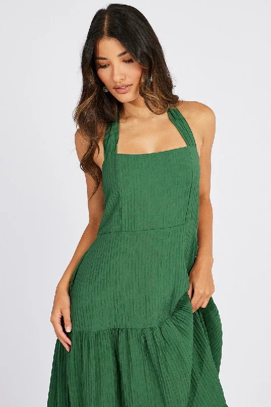 Wrap - Style Women Dress with Adjustable Fit for All Body TypesGreen Maxi Dress Square Neck Tiered