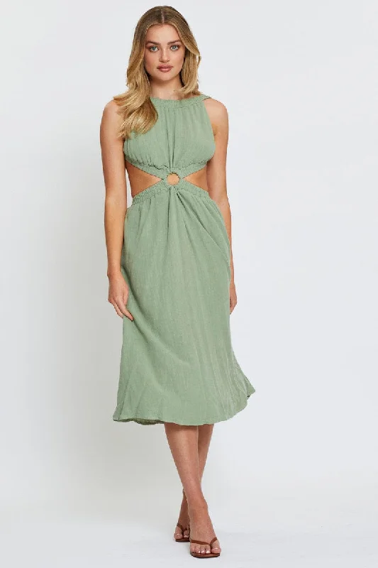 Mermaid - Style Women Dress with a Fitted Silhouette for Special OccasionsGreen Midi Dress Sleeveless