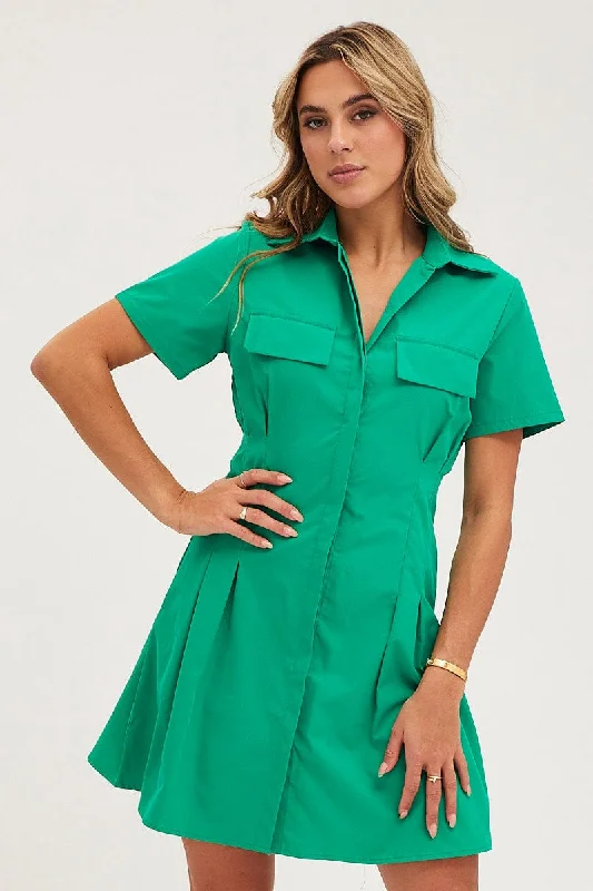 Mini Women Dress with a Short Hem for a Young and Trendy StyleGreen Shirt Dress Short Sleeve Mini Mini Women Dress with a Short Hem for a Young and Trendy StyleGreen Shirt Dress Short Sleeve Mini