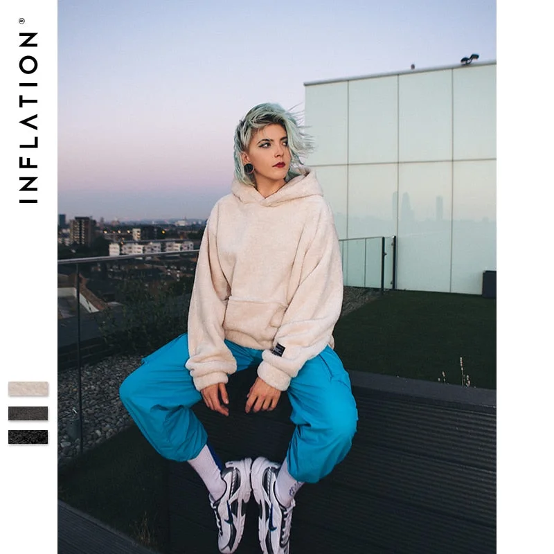 Women's hoodie with a kangaroo pocket and a pom - pom drawstring for added charmINFLATION Hip Hop Winter Hoodie Women's hoodie with a kangaroo pocket and a pom - pom drawstring for added charmINFLATION Hip Hop Winter Hoodie