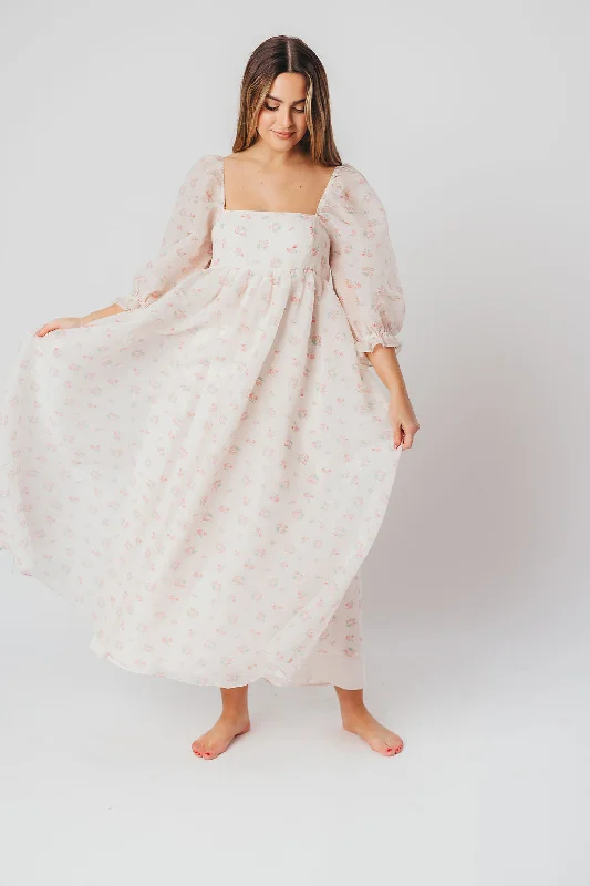 Pleated Women Dress with a Timeless and Elegant Texture*New* Mona Maxi Dress with Smocking in Blush Floral - Bump Friendly & Inclusive Sizing (S-3XL)