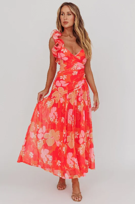 Mermaid - Style Women Dress with a Fitted Silhouette for Special OccasionsKinley Ruffle Strap Maxi Dress Floral Orange
