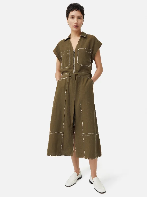 Ruffled Women Dress with Multiple Layers for a Playful and Girly StyleLinen Lyocell Stitched Dress | Dark Khaki