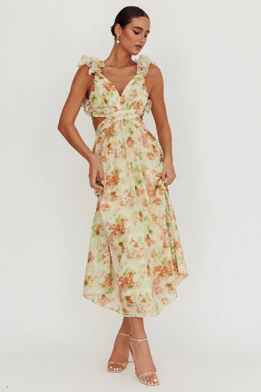 Ruffled Women Dress with Multiple Layers for a Playful and Girly StyleMadara Lace-Up Back Floral Maxi Dress Orange