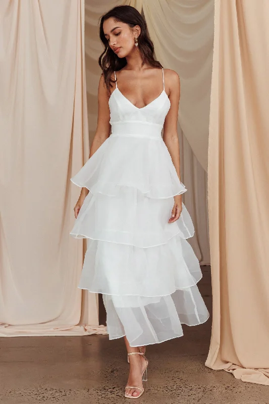 Ruffled Women Dress with Multiple Layers for a Playful and Girly StyleMade For You Tiered Ruffle Midi Dress White