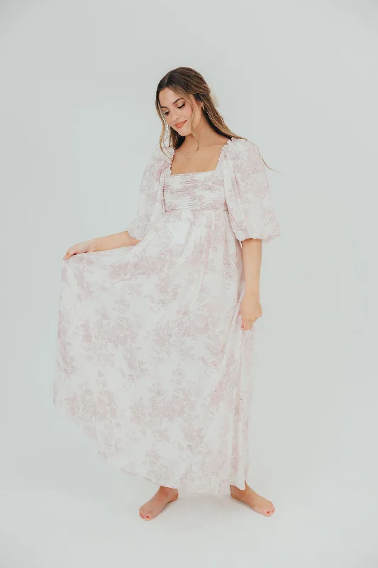 Ruffled Women Dress with Multiple Layers for a Playful and Girly StyleMelody Maxi Dress with Pleats and Bow Detail in Pink Toile - Bump Friendly & Inclusive Sizing (XL-3XL)
