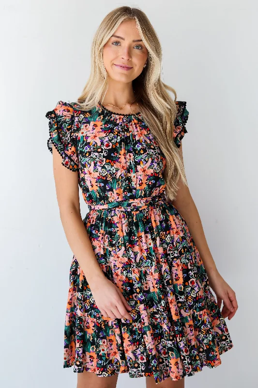 Off - the - Shoulder Women Dress for a Romantic and Feminine LookFINAL SALE - Moment Of Beauty Black Tiered Floral Mini Dress
