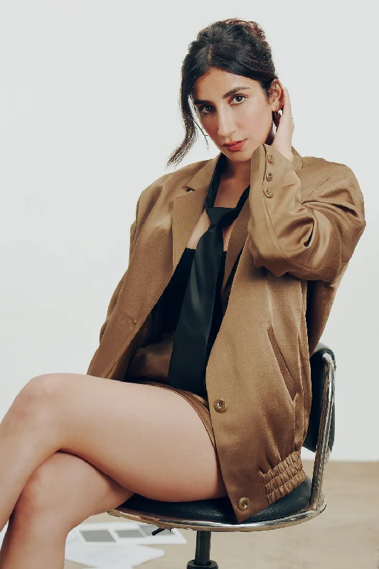 Women's denim jackets with distressed details for a casual and edgy lookSatin Copper Brown Blazer Jacket Women's denim jackets with distressed details for a casual and edgy lookSatin Copper Brown Blazer Jacket