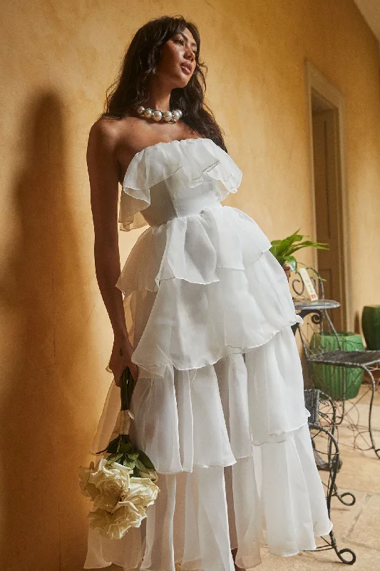 Strapless Women Dress with a Built - in Bra for Comfort and SupportOceana Layered Ruffle Maxi Dress White