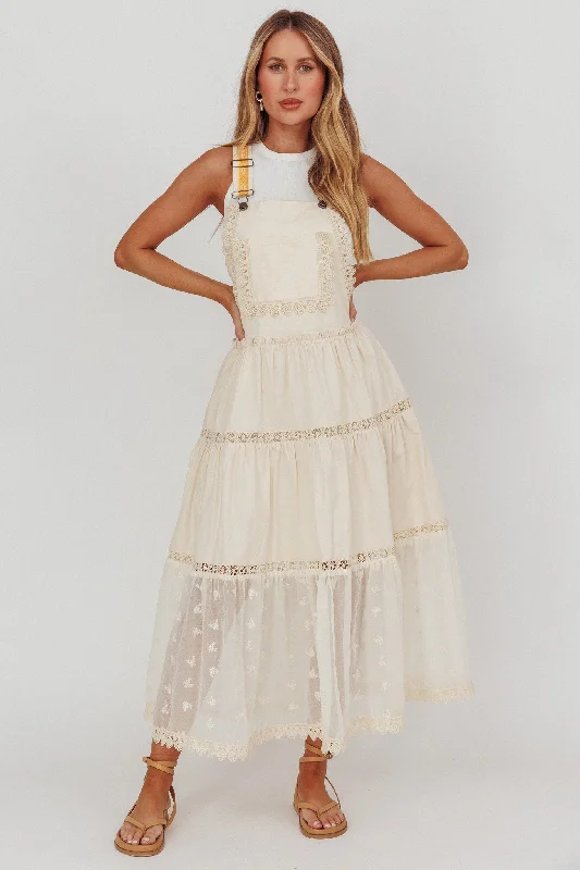 Mini Women Dress with a Short Hem for a Young and Trendy StyleOdeyah Lace Trim Overall Dress Champagne