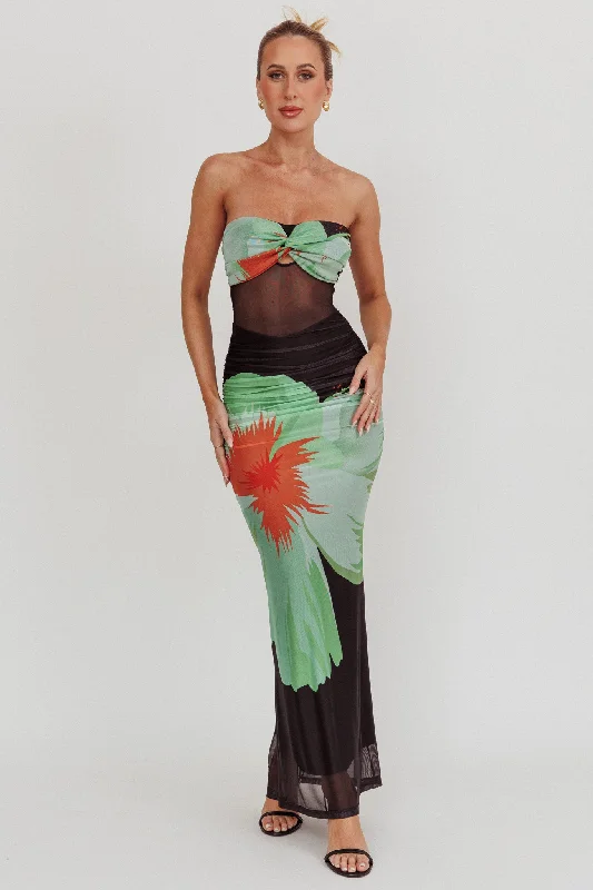 Mini Women Dress with a Short Hem for a Young and Trendy StyleOliana Sheer Waist Floral Maxi Dress Black