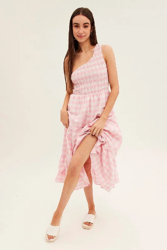 Maxi Women Dress with Floral Print for a Bohemian VibePink Check Midi Dress One Shoulder Shirred Body Maxi Women Dress with Floral Print for a Bohemian VibePink Check Midi Dress One Shoulder Shirred Body