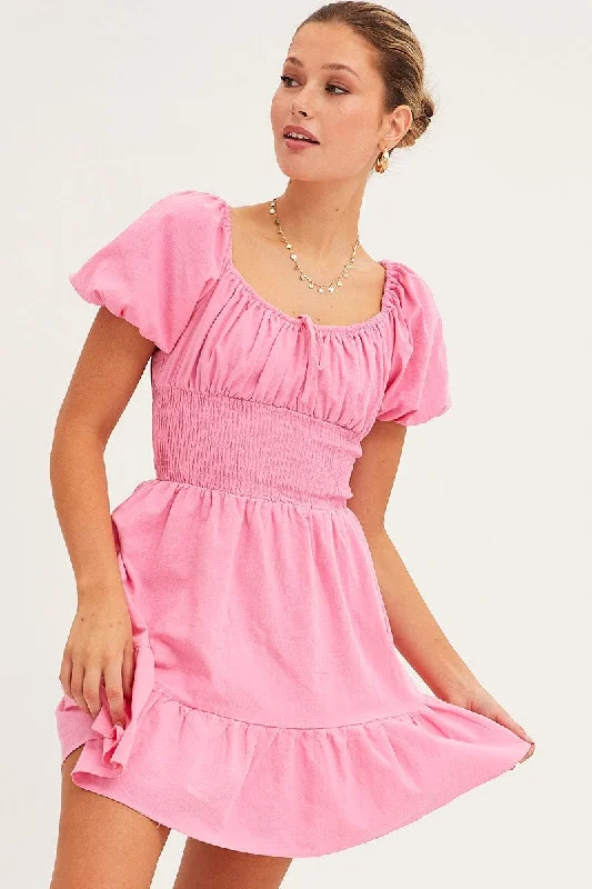 Shift Women Dress with a Simple and Classic Design for Everyday WearPink Fit And Flare Dress Short Sleeve Round Neck Shift Women Dress with a Simple and Classic Design for Everyday WearPink Fit And Flare Dress Short Sleeve Round Neck