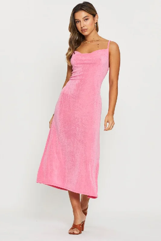 Plus Size Women Dress with a Flattering A - Line Cut for Comfort and StylePink Midi Dress Cowl Neck