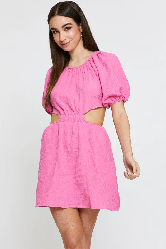 Printed Abstract Women Dress for a Modern and Artistic AppealPink Mini Dress Short Sleeve Round Neck Printed Abstract Women Dress for a Modern and Artistic AppealPink Mini Dress Short Sleeve Round Neck