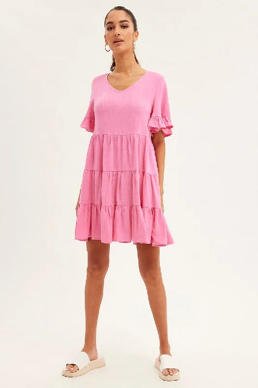 Lace - Embellished Women Dress for an Elegant and Sophisticated AppearancePink Relaxed Dress Short Sleeve Tiered Linen Blend Lace - Embellished Women Dress for an Elegant and Sophisticated AppearancePink Relaxed Dress Short Sleeve Tiered Linen Blend