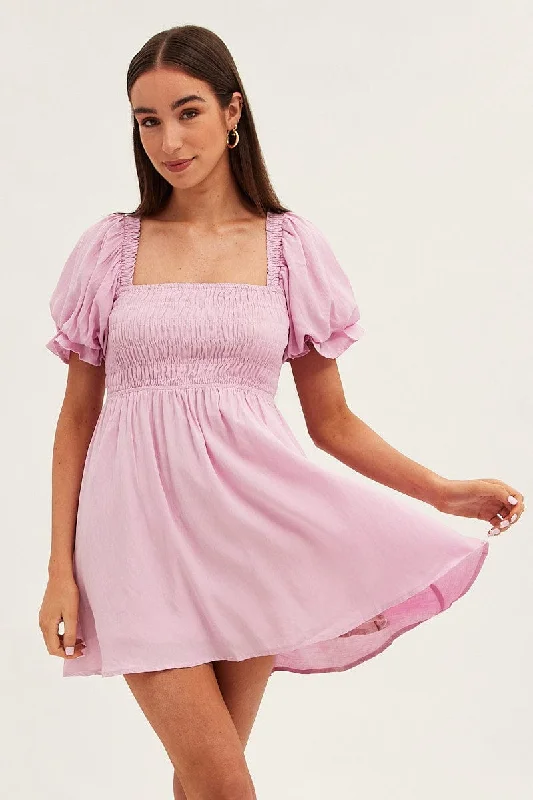 Sleeveless Women Dress in Bright Colors for Summer PartiesPink Skater Dress Square Neck Short Sleeve Sleeveless Women Dress in Bright Colors for Summer PartiesPink Skater Dress Square Neck Short Sleeve