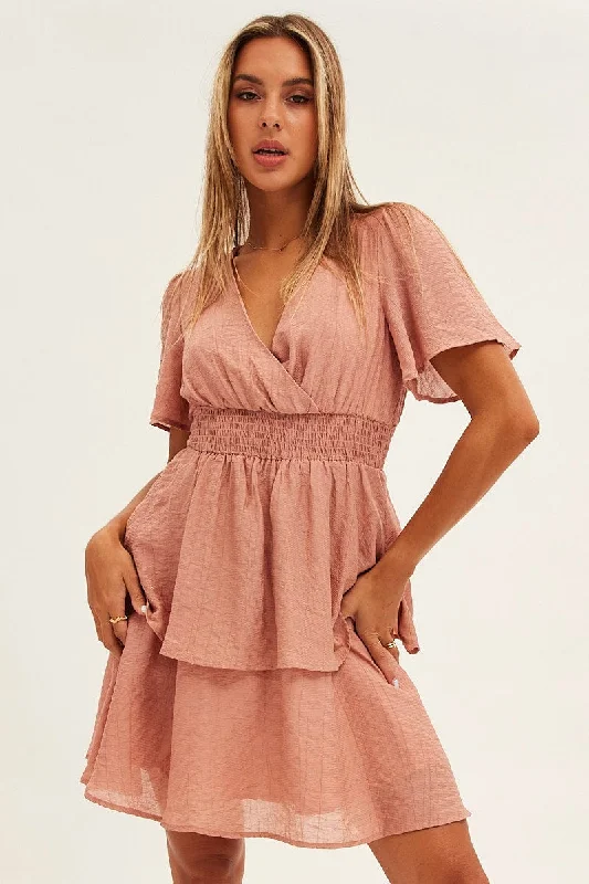 Long - Sleeve Women Dress in Velvet for a Luxurious Winter LookPink Tiered Dress Flutter Sleeve Wrap Front Tiered Hem Long - Sleeve Women Dress in Velvet for a Luxurious Winter LookPink Tiered Dress Flutter Sleeve Wrap Front Tiered Hem