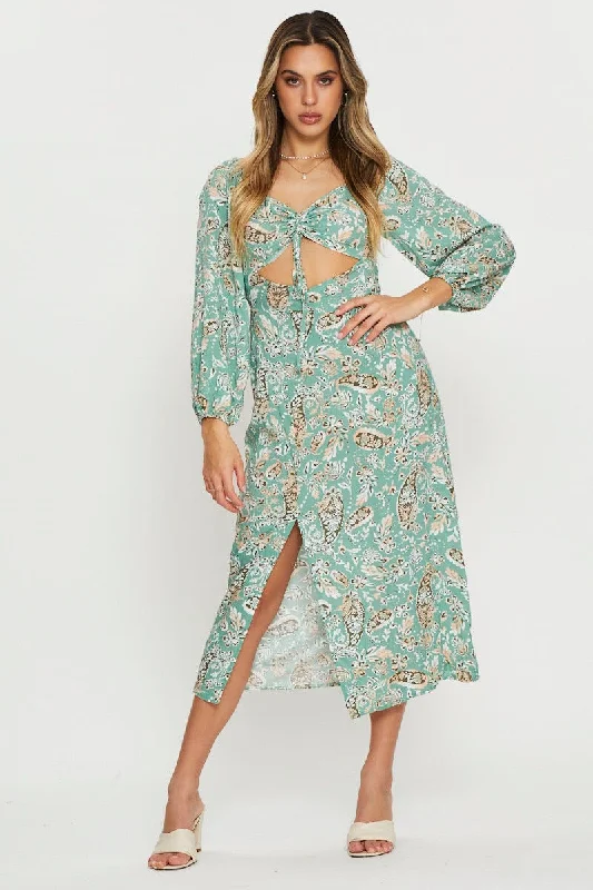 Ball Gown Women Dress with a Full Skirt for a Princess - like LookPrint Midi Dress Long Sleeve