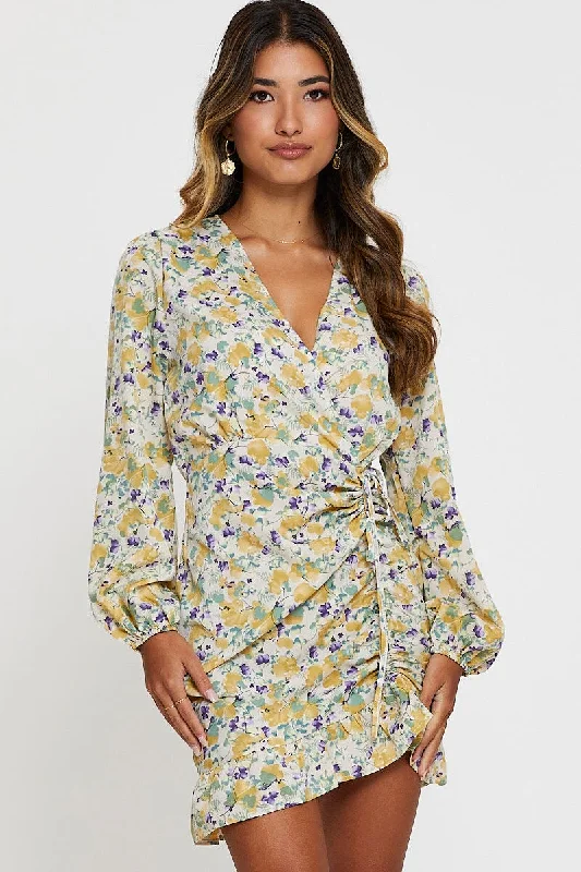 Strapless Women Dress with a Built - in Bra for Comfort and SupportPrint Mini Dress Long Sleeve Bodycon