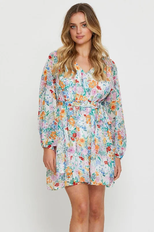 Off - the - Shoulder Women Dress for a Romantic and Feminine LookPrint Mini Dress Long Sleeve