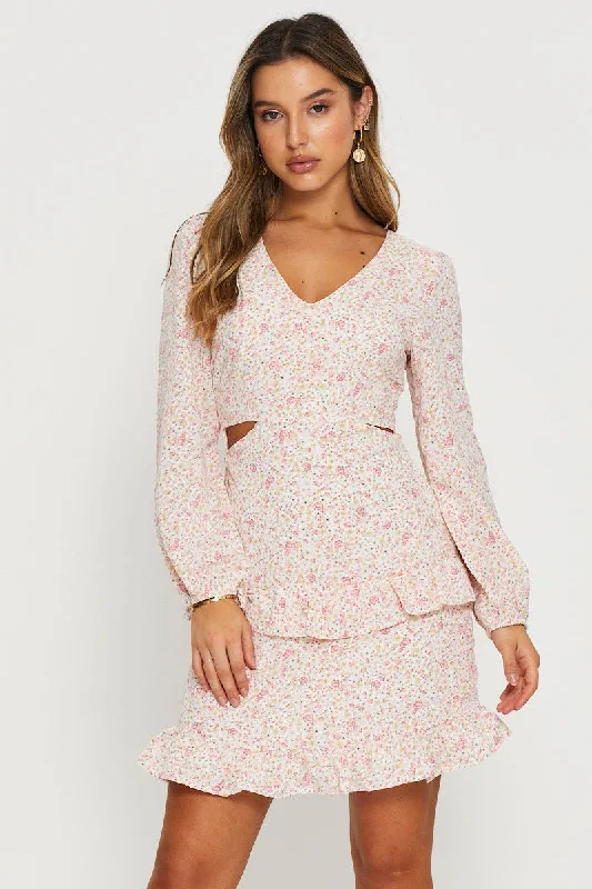 Plus Size Women Dress with a Flattering A - Line Cut for Comfort and StylePrint Mini Dress Long Sleeve