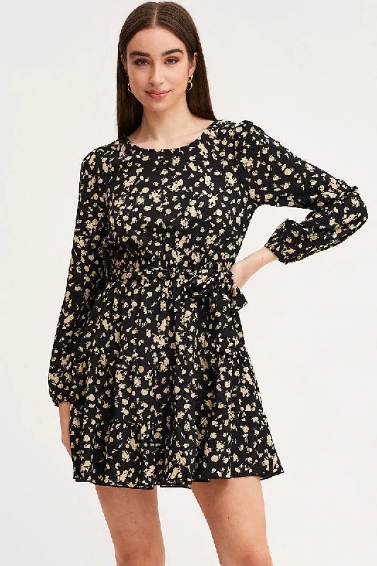 Ball Gown Women Dress with a Full Skirt for a Princess - like LookPrint Mini Dress Long Sleeve Round Neck