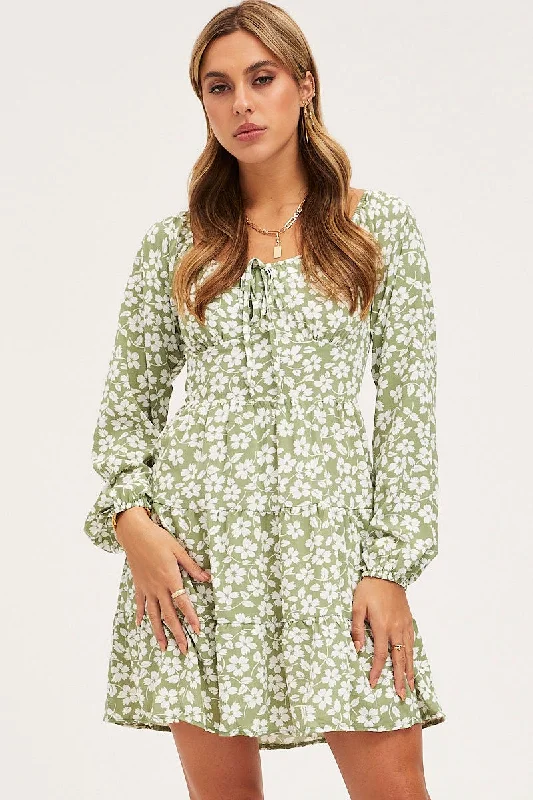Halter Neck Women Dress to Show Off the Shoulders and NecklinePrint Mini Dress Long Sleeve Square Neck