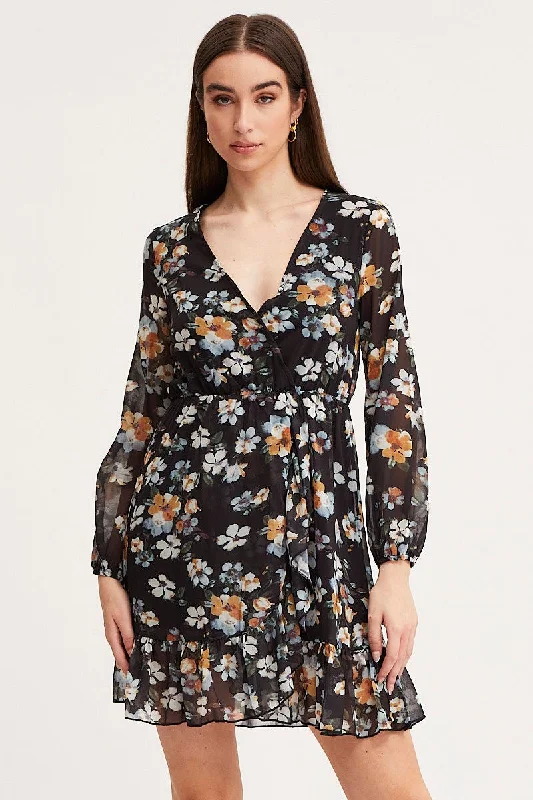 Off - the - Shoulder Women Dress for a Romantic and Feminine LookPrint Mini Dress Long Sleeve V Neck