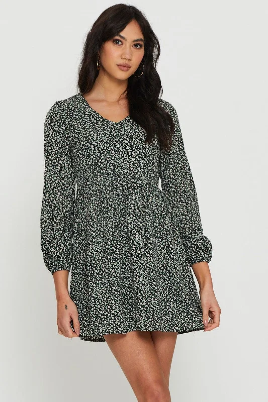 Mini Women Dress with a Short Hem for a Young and Trendy StylePrint Mini Dress Long Sleeve V Neck